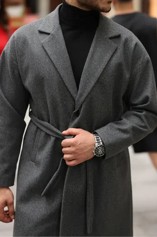 Men's Belted Oversize Comfort Fit Wool Coat-Anthracite - 4