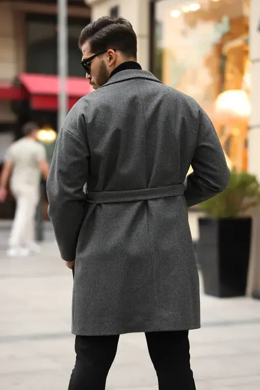 Men's Belted Oversize Comfort Fit Wool Coat-Anthracite - 5