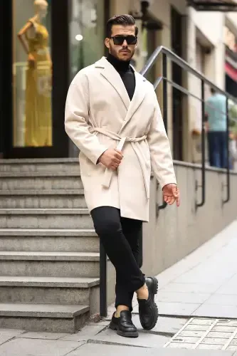 Men's Belted Oversize Comfort Fit Wool Coat-beige - 1