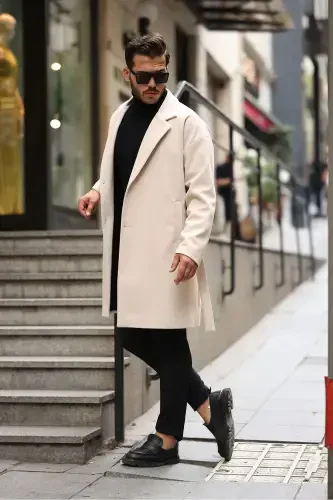 Men's Belted Oversize Comfort Fit Wool Coat-beige - GM GIYIMARKET (1)