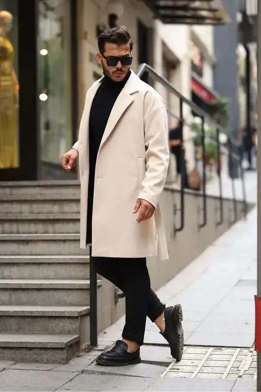 Men's Belted Oversize Comfort Fit Wool Coat-beige - 2