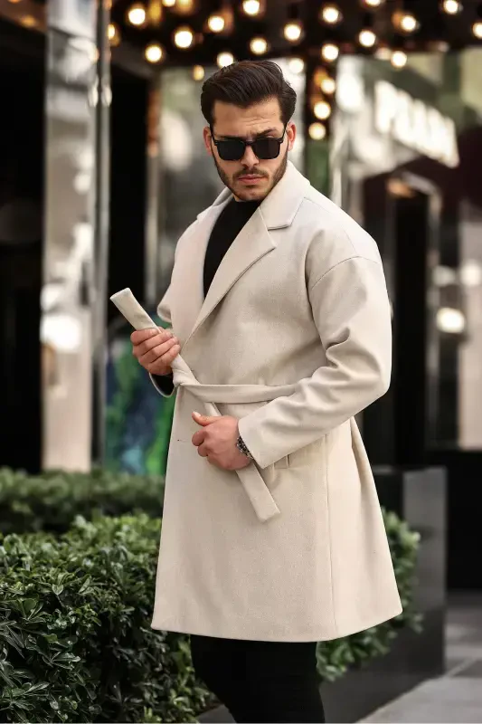 Men's Belted Oversize Comfort Fit Wool Coat-beige - 3