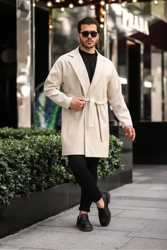 Men's Belted Oversize Comfort Fit Wool Coat-beige - 4