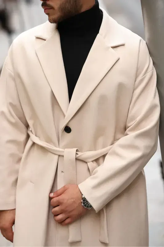 Men's Belted Oversize Comfort Fit Wool Coat-beige - 5