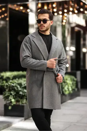 Men's Belted Oversize Relaxed Fit Wool Blend Coat-dark gray - 3