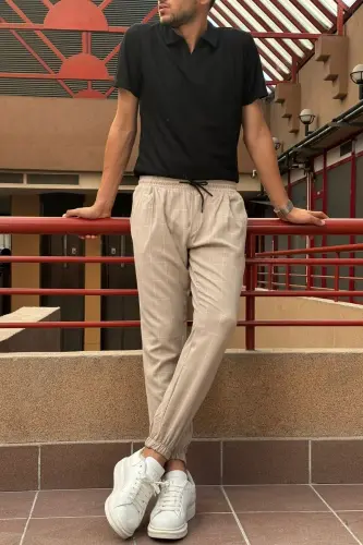 Men's, belted, plaid, Stretch fabric, Pleated, Jogger pants 24INP199K-BEJ - 1