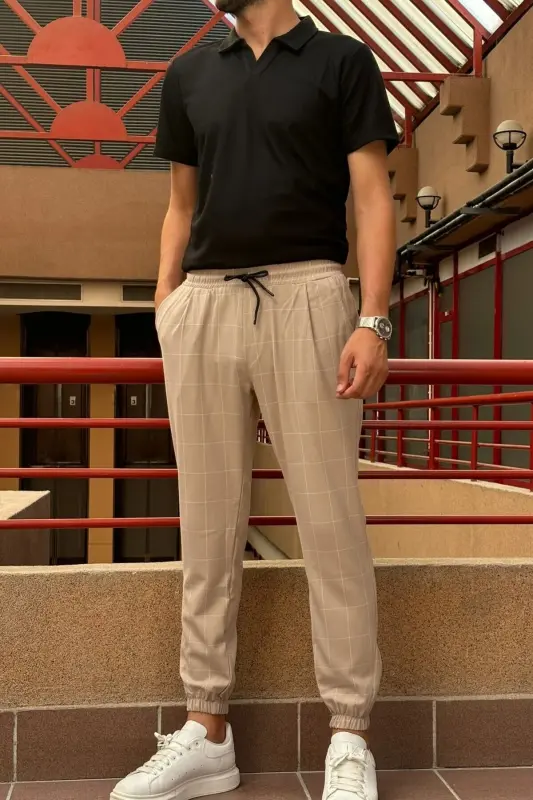 Men's, belted, plaid, Stretch fabric, Pleated, Jogger pants 24INP199K-BEJ - 7