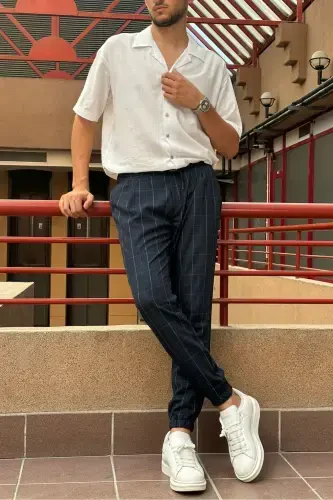 Men's, belted, plaid, stretch fabric, pleated, jogger pants 24INP199K-NAVY - 3