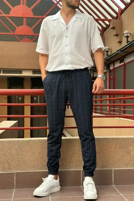 Men's, belted, plaid, stretch fabric, pleated, jogger pants 24INP199K-NAVY - 4