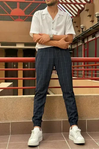 Men's, belted, plaid, stretch fabric, pleated, jogger pants 24INP199K-NAVY - 6