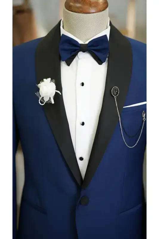 Men's Belted Sapphire Blue Tuxedo Groom Satin Shawl Lapel Italian Cut Slim Fit -xprzcom3590-22-SAKS MAVİ - 2