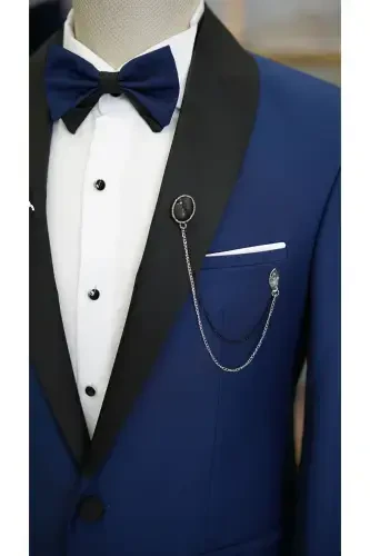 Men's Belted Sapphire Blue Tuxedo Groom Satin Shawl Lapel Italian Cut Slim Fit -xprzcom3590-22-SAKS MAVİ - 4