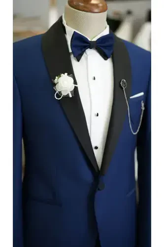Men's Belted Sapphire Blue Tuxedo Groom Satin Shawl Lapel Italian Cut Slim Fit -xprzcom3590-22-SAKS MAVİ - 6