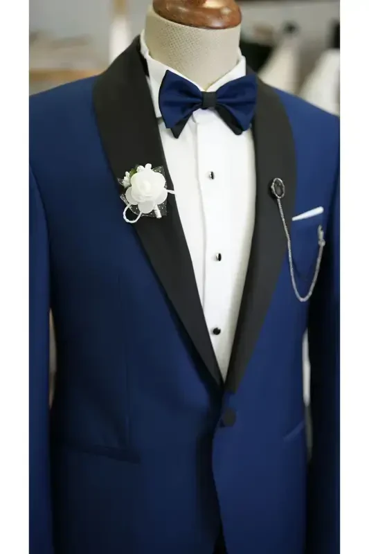 Men's Belted Sapphire Blue Tuxedo Groom Satin Shawl Lapel Italian Cut Slim Fit -xprzcom3590-22-SAKS MAVİ - 6