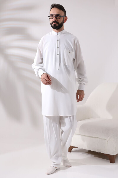 Men's Berat Hajj and Umrah Outfit Two-Piece Bottom and Top Viscose Afghan Set Ecru - IHVAN ONLINE