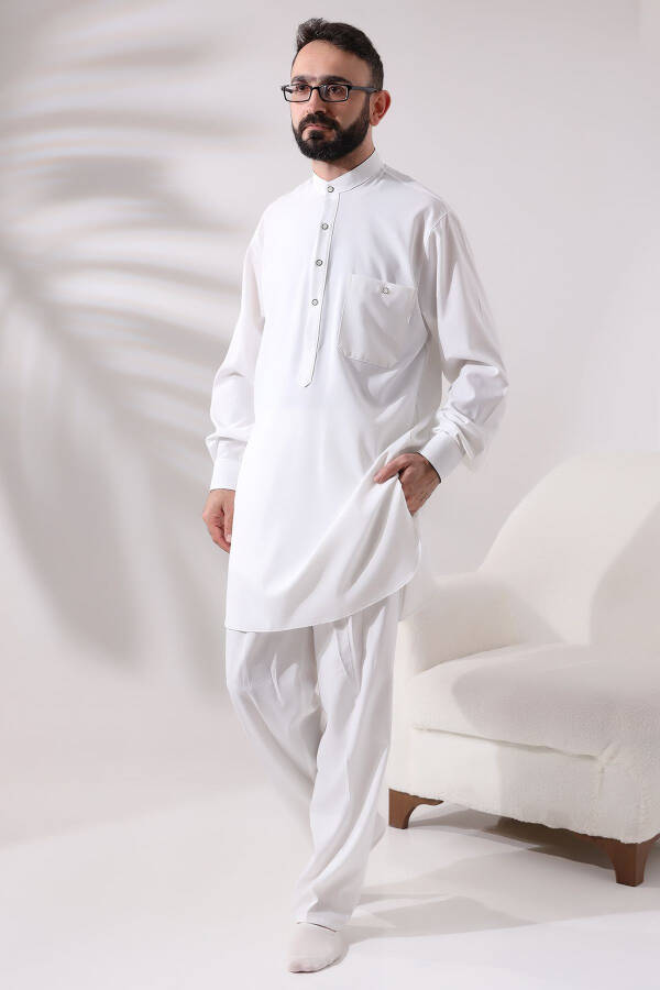 Men's Berat Hajj and Umrah Outfit Two-Piece Bottom and Top Viscose Afghan Set Ecru - 2