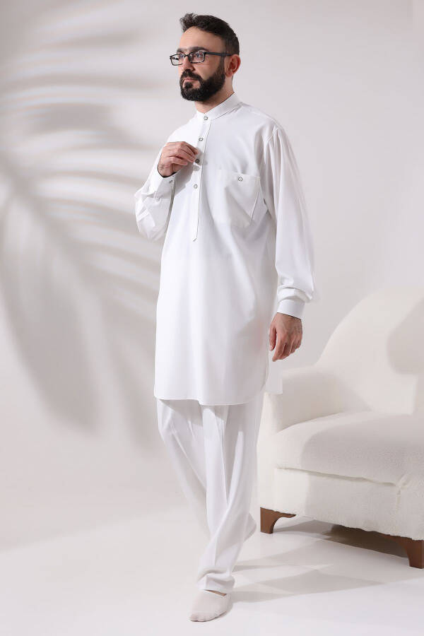 Men's Berat Hajj and Umrah Outfit Two-Piece Bottom and Top Viscose Afghan Set Ecru - 3