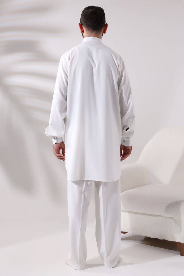 Men's Berat Hajj and Umrah Outfit Two-Piece Bottom and Top Viscose Afghan Set Ecru - 4