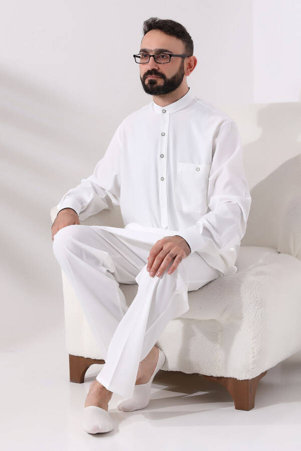 Men's Berat Hajj and Umrah Outfit Two-Piece Bottom and Top Viscose Afghan Set Ecru - 5