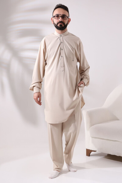Men's Berat Hajj and Umrah Suit Double Bottom Top Viscose Afghan Team Dark Cream - IHVAN ONLINE