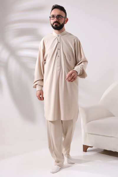 Men's Berat Hajj and Umrah Suit Double Bottom Top Viscose Afghan Team Dark Cream - IHVAN ONLINE (1)