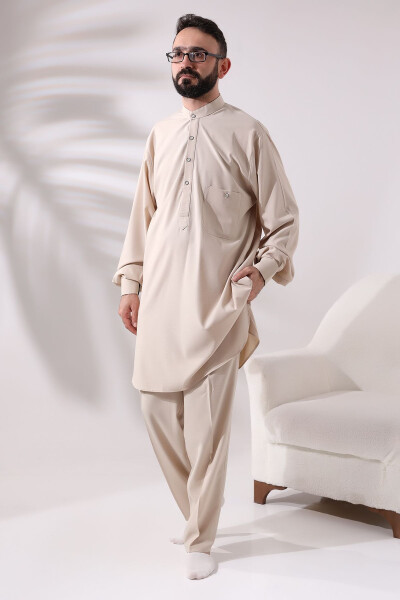 Men's Berat Hajj and Umrah Suit Double Bottom Top Viscose Afghan Team Dark Cream - 3