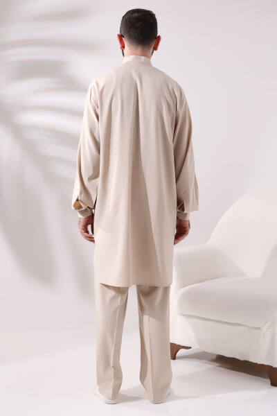 Men's Berat Hajj and Umrah Suit Double Bottom Top Viscose Afghan Team Dark Cream - 4