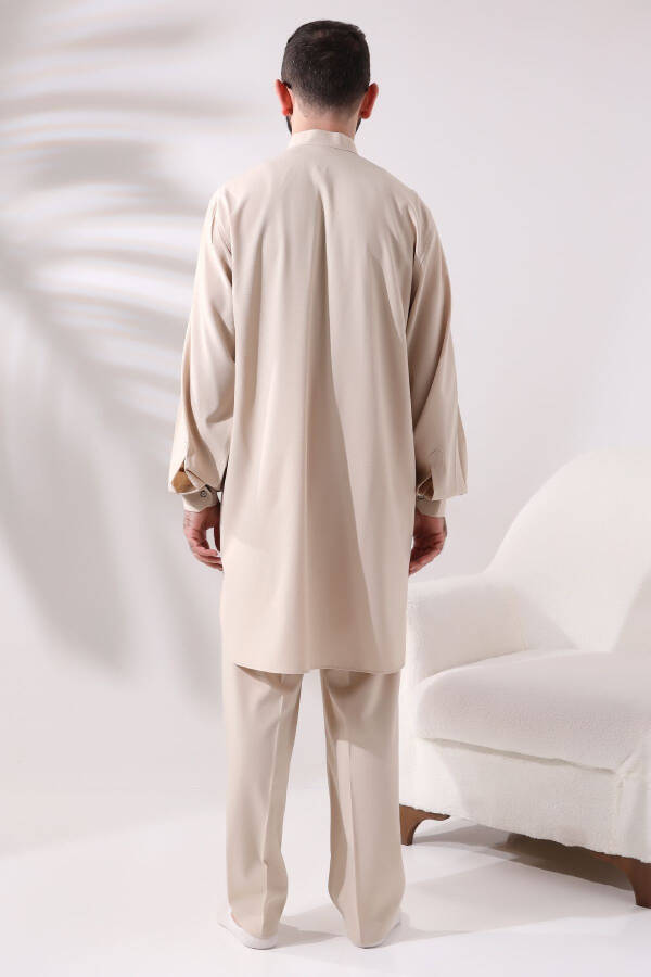 Men's Berat Hajj and Umrah Suit Double Bottom Top Viscose Afghan Team Dark Cream - 4