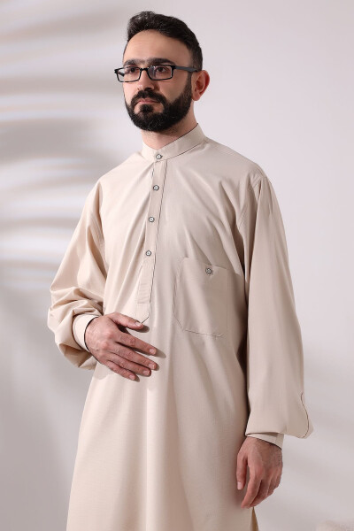 Men's Berat Hajj and Umrah Suit Double Bottom Top Viscose Afghan Team Dark Cream - 5