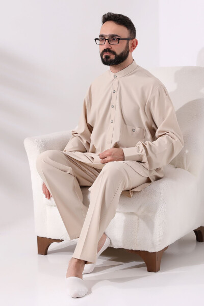 Men's Berat Hajj and Umrah Suit Double Bottom Top Viscose Afghan Team Dark Cream - 6