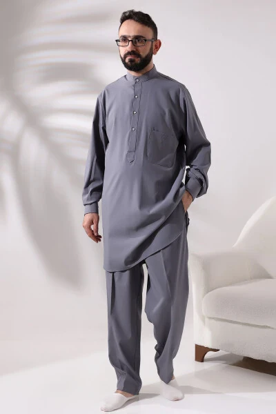 Men's Berat Hajj and Umrah Suit Two-Piece Viskon Afghan Suit Grey - IHVAN ONLINE (1)