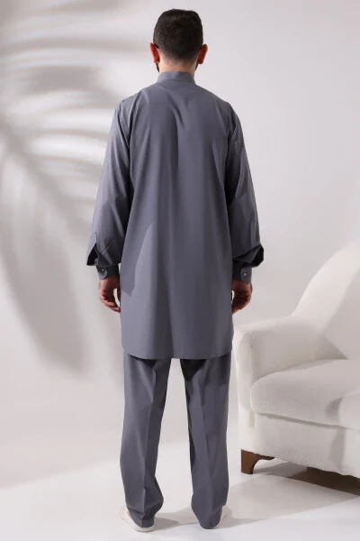 Men's Berat Hajj and Umrah Suit Two-Piece Viskon Afghan Suit Grey - 5