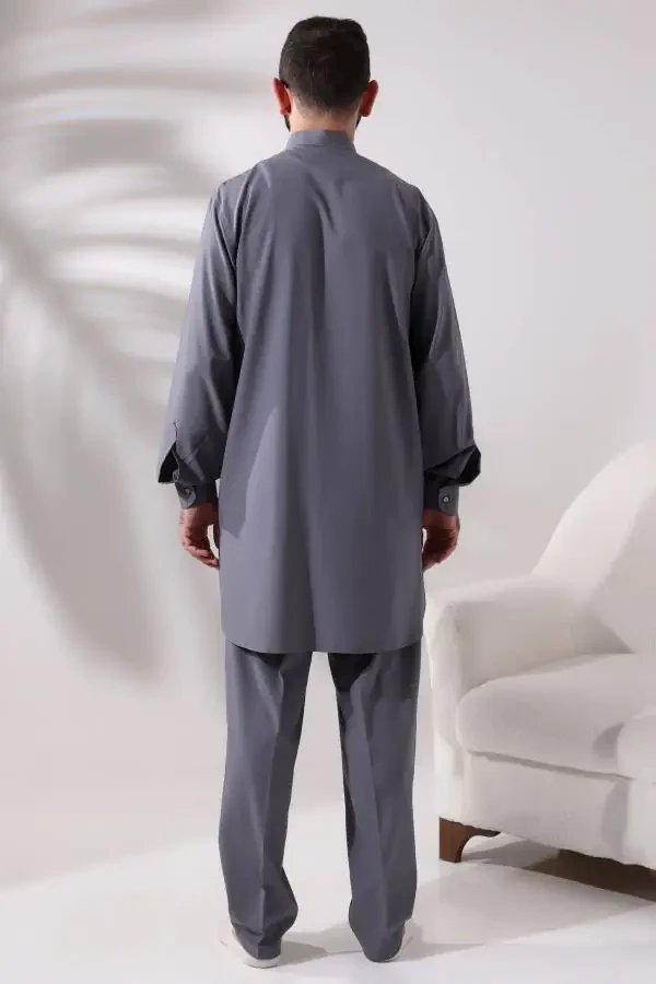 Men's Berat Hajj and Umrah Suit Two-Piece Viskon Afghan Suit Grey - 5