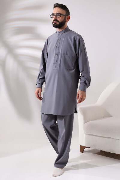 Men's Berat Hajj and Umrah Suit Two-Piece Viskon Afghan Suit Grey - 1