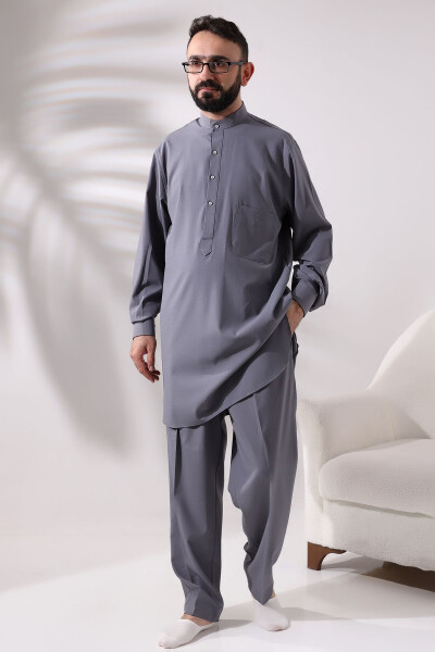 Men's Berat Hajj and Umrah Suit Two-Piece Viskon Afghan Suit Grey - 2