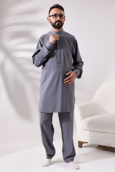 Men's Berat Hajj and Umrah Suit Two-Piece Viskon Afghan Suit Grey - 3