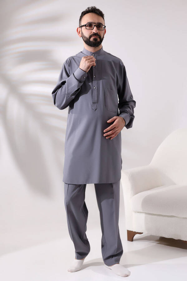 Men's Berat Hajj and Umrah Suit Two-Piece Viskon Afghan Suit Grey - 3