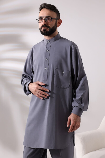 Men's Berat Hajj and Umrah Suit Two-Piece Viskon Afghan Suit Grey - 4