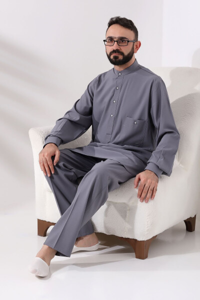 Men's Berat Hajj and Umrah Suit Two-Piece Viskon Afghan Suit Grey - 6