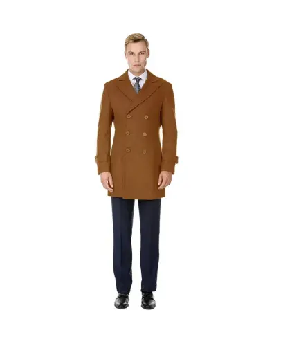 Men's Big & Tall Double Breasted Pea Coat Wool Blend Dress Peacoat - Caramel - BRAVEMAN (1)