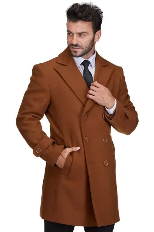 Men's Big & Tall Double Breasted Pea Coat Wool Blend Dress Peacoat - Caramel - 1