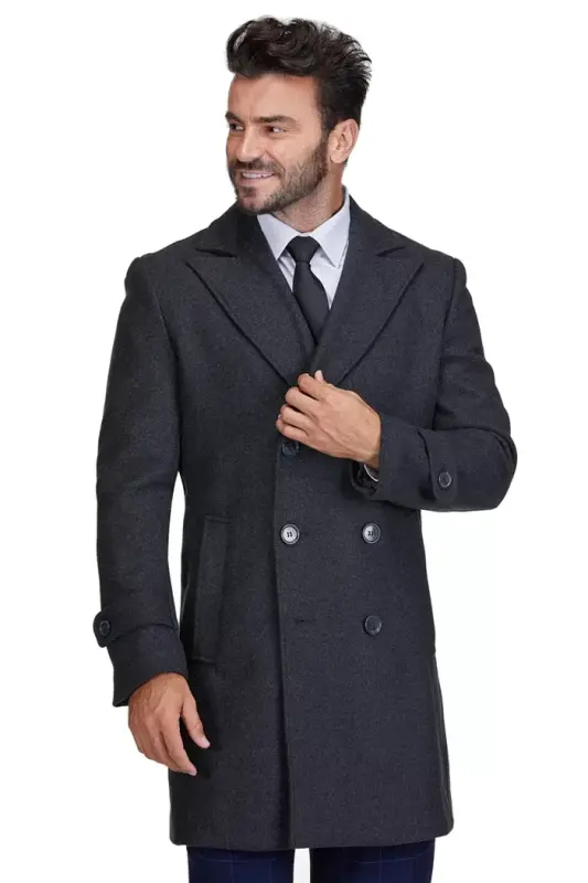 Men's Big & Tall Double Breasted Pea Coat Wool Blend Dress Peacoat - Charcoal - BRAVEMAN