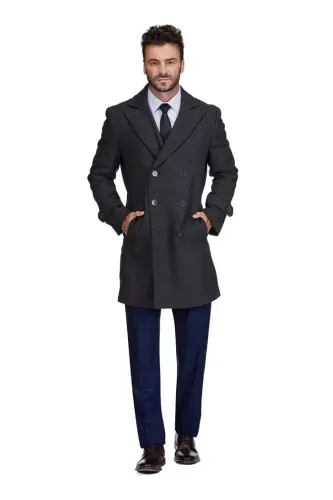 Men's Big & Tall Double Breasted Pea Coat Wool Blend Dress Peacoat - Charcoal - BRAVEMAN (1)