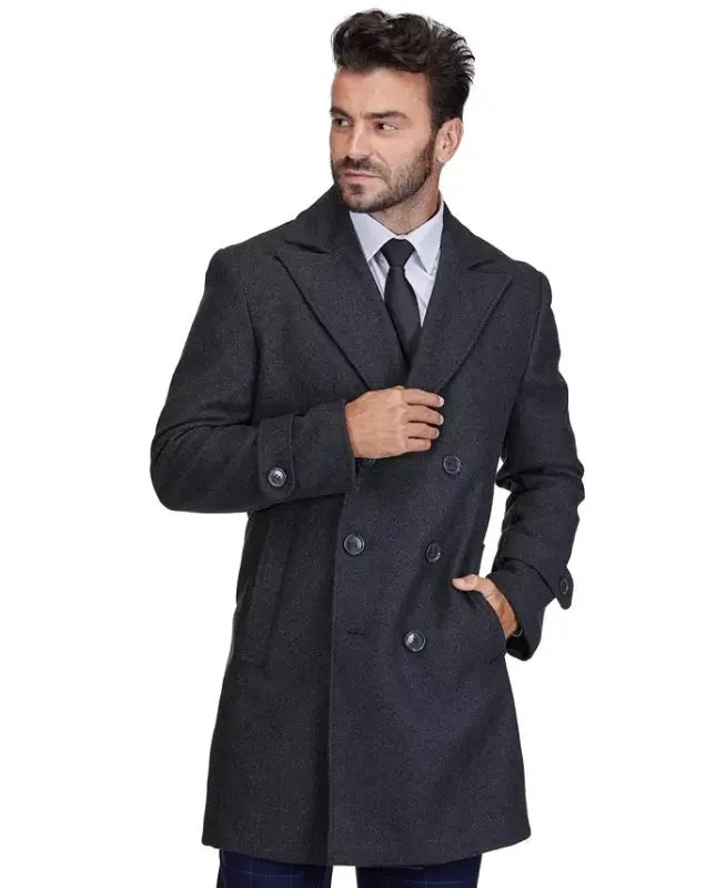 Men's Big & Tall Double Breasted Pea Coat Wool Blend Dress Peacoat - Charcoal - 4