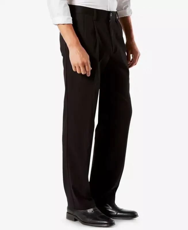 Men's Big & Tall Easy Classic Pleated Fit Khaki Stretch Pants-Black - 3