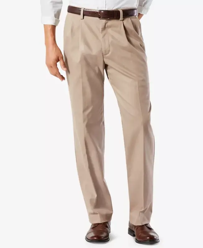 Men's Big & Tall Easy Classic Pleated Fit Khaki Stretch Pants-Dark Beige - DOCKERS