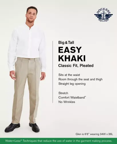 Men's Big & Tall Easy Classic Pleated Fit Khaki Stretch Pants-Dark Beige - 1
