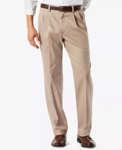 Men's Big & Tall Easy Classic Pleated Fit Khaki Stretch Pants-Dark Beige - 2