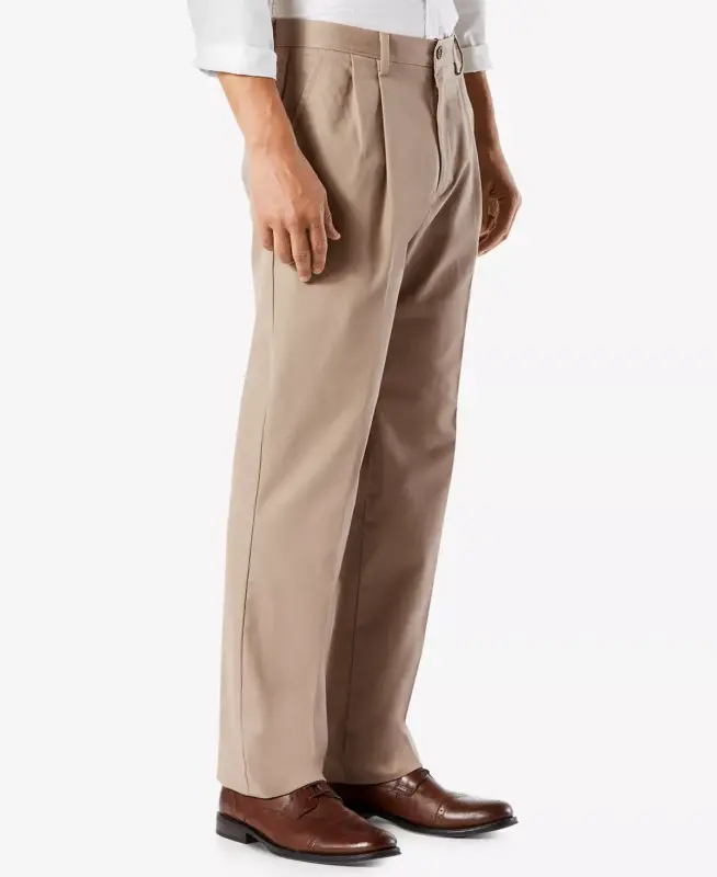 Men's Big & Tall Easy Classic Pleated Fit Khaki Stretch Pants-Dark Beige - 4