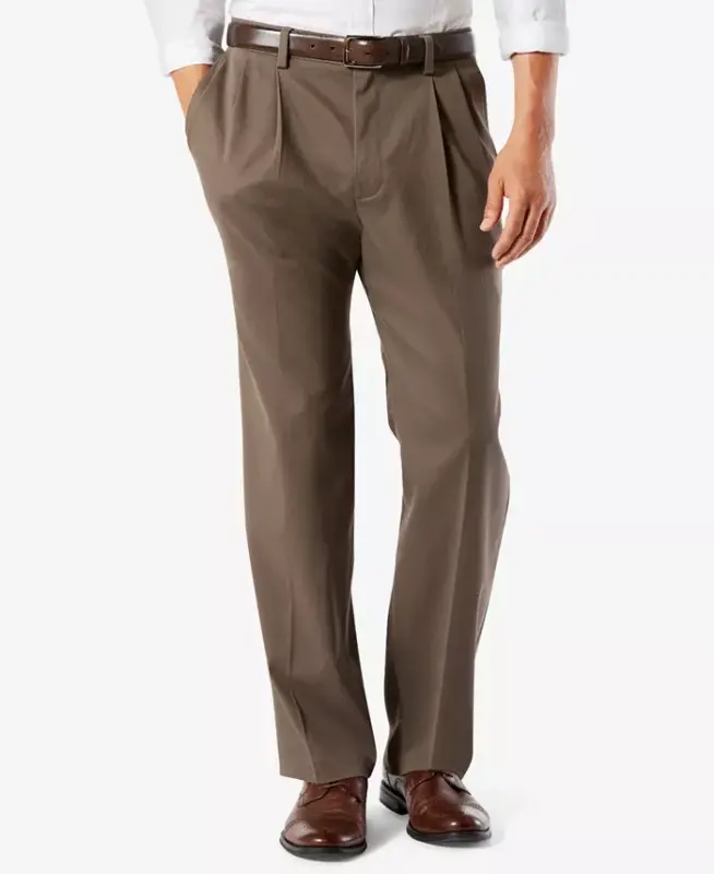 Men's Big & Tall Easy Classic Pleated Fit Khaki Stretch Shim - O'rta Jigarrang - DOCKERS